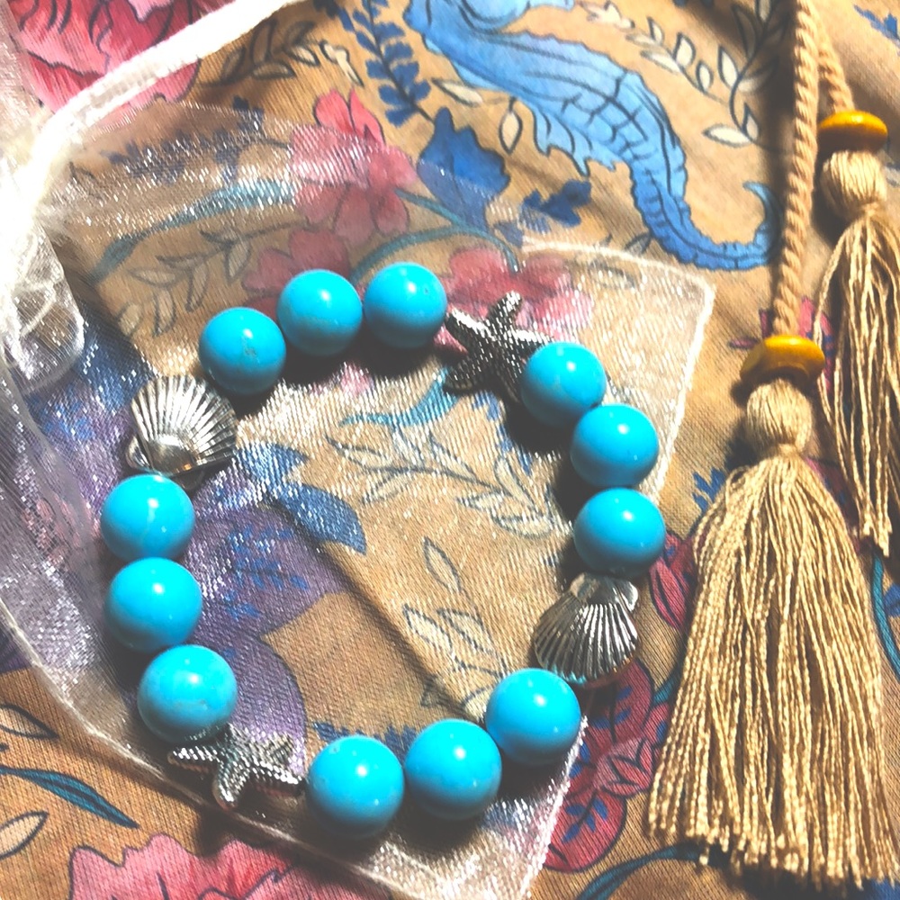 Turquoise Howlite & Sterling Silver Seashell & Starfish Mermaid Bracelet